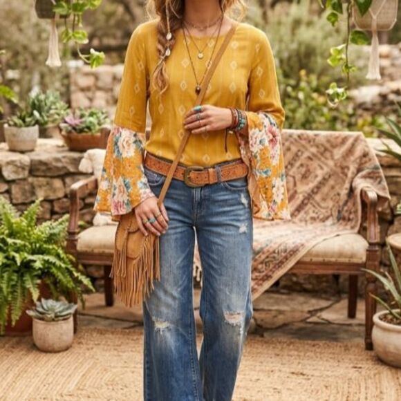 Oddi Tops - Mustard Geo Print Floral Challis Bell Sleeve Boho Blouse Plus Size 1X 14-16